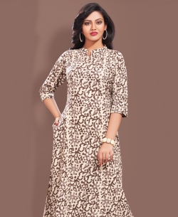 Brown Cotton Printed & Buttons A Line Kurtis