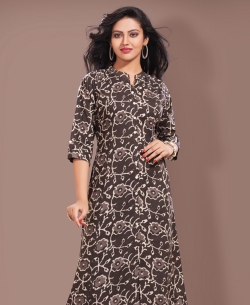 Brown Cotton Printed & Buttons A Line Kurtis