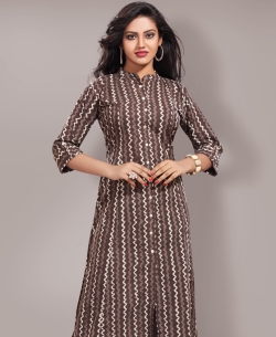 Brown Cotton Printed & Buttons A Line Kurtis