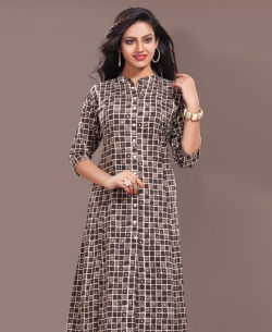 Brown Cotton Printed & Buttons A Line Kurtis