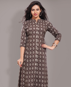 Brown Cotton Printed & Buttons A Line Kurtis