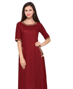 Maroon Rayon Printed,Buttons A Line Kurtis