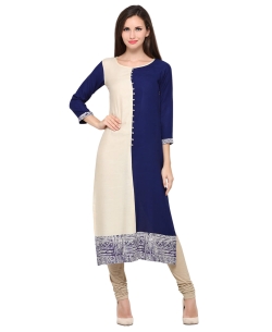 Navy Blue Rayon Printed,Border A Line Kurtis