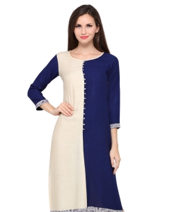 Navy Blue Rayon Printed,Border A Line Kurtis