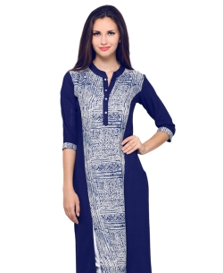 Navy Blue Rayon Printed,Buttons A Line Kurtis