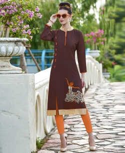 Brown Khadi Cotton Thread Embroidery Straight Cut Kurtis