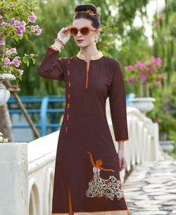 Brown Khadi Cotton Thread Embroidery Straight Cut Kurtis