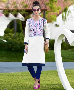 White Khadi Cotton Thread Embroidery Straight Cut Kurtis