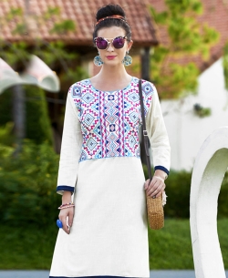 White Khadi Cotton Thread Embroidery Straight Cut Kurtis