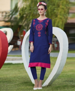 Navy Blue Khadi Cotton Thread Embroidery Straight Cut Kurtis