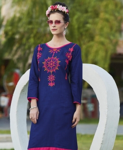 Navy Blue Khadi Cotton Thread Embroidery Straight Cut Kurtis