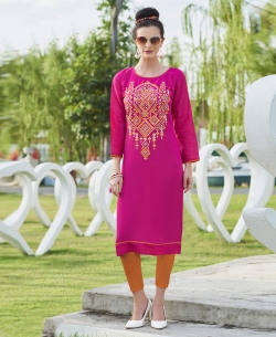 Pink Khadi Cotton Thread Embroidery & Artifical Mirror Straight Cut Kurtis
