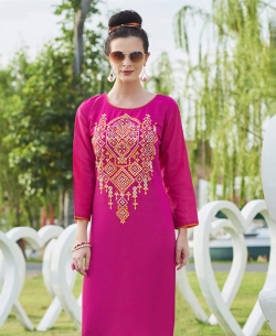 Pink Khadi Cotton Thread Embroidery & Artifical Mirror Straight Cut Kurtis