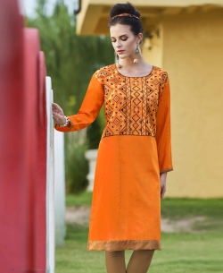 Orange Khadi Cotton Thread Embroidery Straight Cut Kurtis