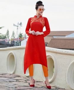 Red Khadi Cotton Thread Embroidery Anarkali Kurtis