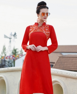 Red Khadi Cotton Thread Embroidery Anarkali Kurtis