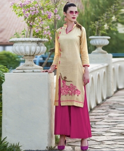 Beige Khadi Cotton Thread Embroidery Straight Cut Kurtis