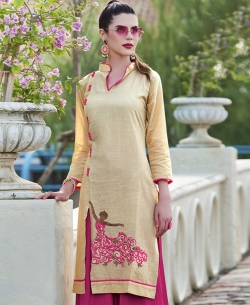 Beige Khadi Cotton Thread Embroidery Straight Cut Kurtis