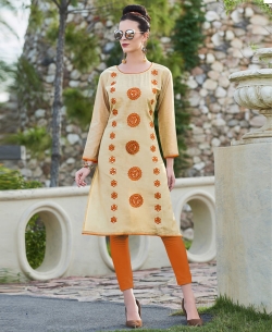 Beige Khadi Cotton Thread Embroidery & Artifical Mirror Straight Cut Kurtis