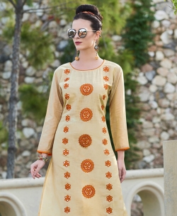 Beige Khadi Cotton Thread Embroidery & Artifical Mirror Straight Cut Kurtis