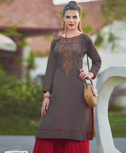 Brown Khadi Cotton Thread Embroidery & Artifical Mirror Straight Cut Kurtis