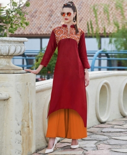 Maroon Khadi Cotton Thread Embroidery Anarkali Kurtis