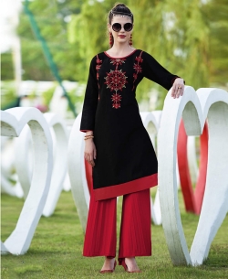 Black Khadi Cotton Thread Embroidery Straight Cut Kurtis