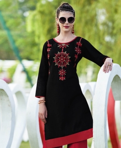 Black Khadi Cotton Thread Embroidery Straight Cut Kurtis