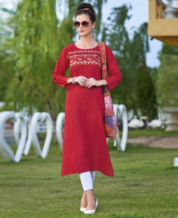 Red Khadi Cotton Thread Embroidery Straight Cut Kurtis