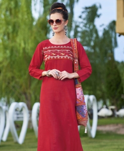 Red Khadi Cotton Thread Embroidery Straight Cut Kurtis