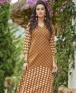 Brown Poly Cotton Printed,Buttons A Line Kurtis