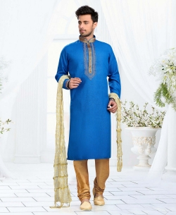 Blue Cotton, Linen Embroidered Border Kurta Pajama