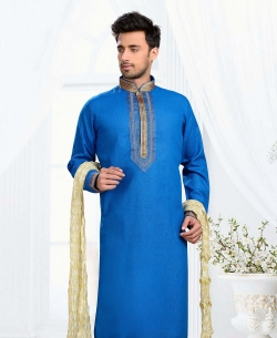 Blue Cotton, Linen Embroidered Border Kurta Pajama