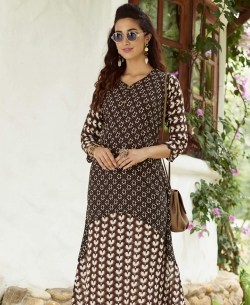 Brown Poly Cotton Printed,Buttons A Line Kurtis