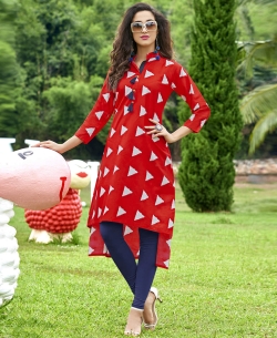 Red Cotton Printed,Buttons Anarkali Kurtis