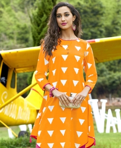 Yellow Cotton Printed,Buttons Anarkali Kurtis