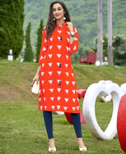 Orange Cotton Printed Anarkali Kurtis