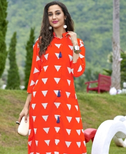 Orange Cotton Printed Anarkali Kurtis