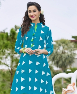 Blue Cotton Printed,Buttons Anarkali Kurtis