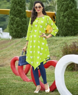 Green Cotton Printed,Buttons Anarkali Kurtis