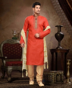 Red Cotton, Linen Embroidered Border Kurta Pajama