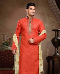 Red Cotton, Linen Embroidered Border Kurta Pajama
