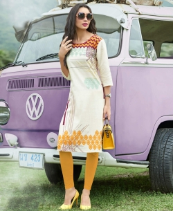 Off White Khadi Cotton Printed Straight Cut Kurtis