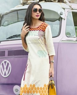 Off White Khadi Cotton Printed Straight Cut Kurtis