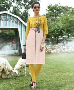 Yellow Khadi Cotton Printed Straight Cut Kurtis