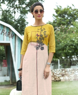 Yellow Khadi Cotton Printed Straight Cut Kurtis