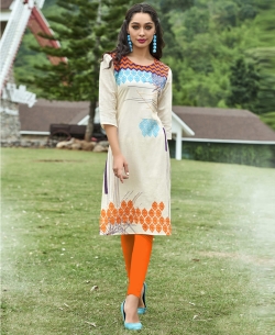 Off White Khadi Cotton Printed Straight Cut Kurtis