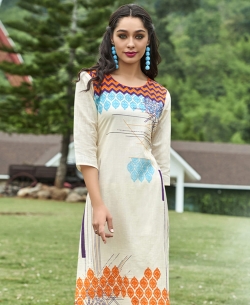 Off White Khadi Cotton Printed Straight Cut Kurtis
