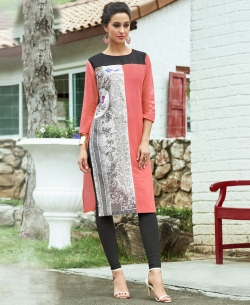 Peach Khadi Cotton Printed Straight Cut Kurtis