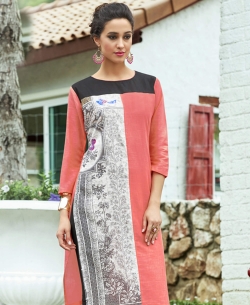 Peach Khadi Cotton Printed Straight Cut Kurtis